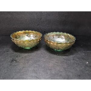 Imperial Grape Helios Leaf Green Gold Carnival Glass‎ Bowls, Scalloped Set of 2